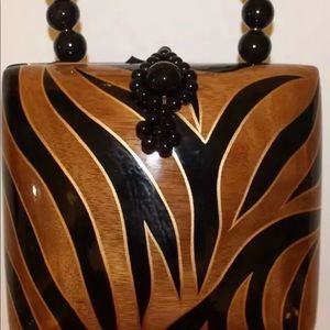 Wooden Hand Carved Painted Party Animal Print Purse Bag